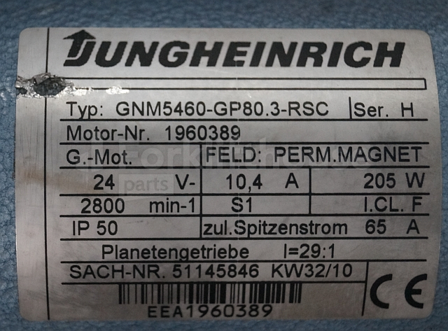 Engine for Material handling equipment Jungheinrich 51145846 Steering motor 24V type GNM5460-GP80.3 sn 1960398: picture 2