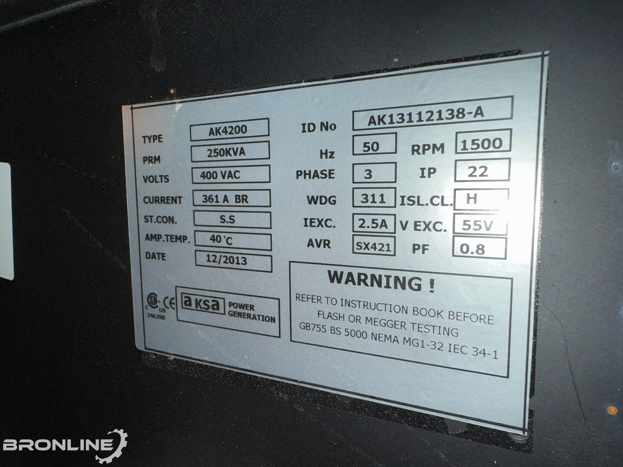 Generator set 2014 Aksa AD275 Diiselgeneraator 250kVA 50Hz: picture 16