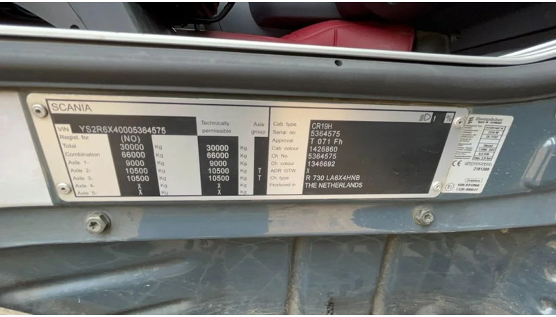 Tractor unit Scania R730 Scania R730 6x4 Big axle EURO6 Dutch registration: picture 11 Tractor unit Scania R730 Scania R730 6x4 Big axle EURO6 Dutch registration: picture 11