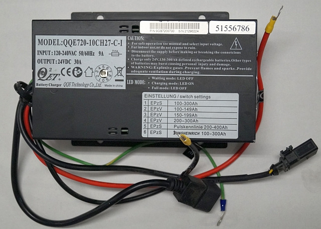 Jungheinrich 51556786 | Charger QQE720-10CH27-C-1 output 24VDC30A input 120-240V Charger QQE720-10CH27-C-1 output 24VDC30A input 120-240Vac 50/60Hz 9A sn. 21290224 - Battery for Material handling equipment: picture 1 Jungheinrich 51556786 | Charger QQE720-10CH27-C-1 output 24VDC30A input 120-240V Charger QQE720-10CH27-C-1 output 24VDC30A input 120-240Vac 50/60Hz 9A sn. 21290224 - Battery for Material handling equipment: picture 1