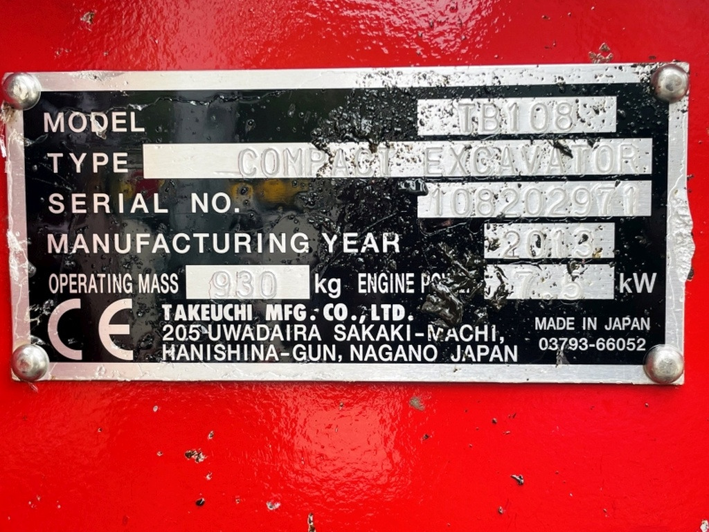 Takeuchi TB108 (3983) - Mini excavator: picture 3 Takeuchi TB108 (3983) - Mini excavator: picture 3