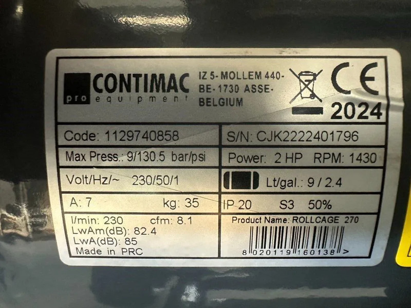 COMPRESSOR Contimac Rollcage 270 Olievrije Zuigercompressor 2 PK 230 L / min 9 Bar New ! - Air compressor: picture 4 COMPRESSOR Contimac Rollcage 270 Olievrije Zuigercompressor 2 PK 230 L / min 9 Bar New ! - Air compressor: picture 4