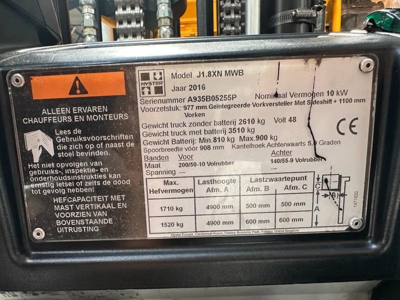 Hyster J1.8XN MWB 1.8 ton Triplex Freelift Sideshift Positioner Elektra Heftruck Accu 2023 - Forklift: picture 4 Hyster J1.8XN MWB 1.8 ton Triplex Freelift Sideshift Positioner Elektra Heftruck Accu 2023 - Forklift: picture 4